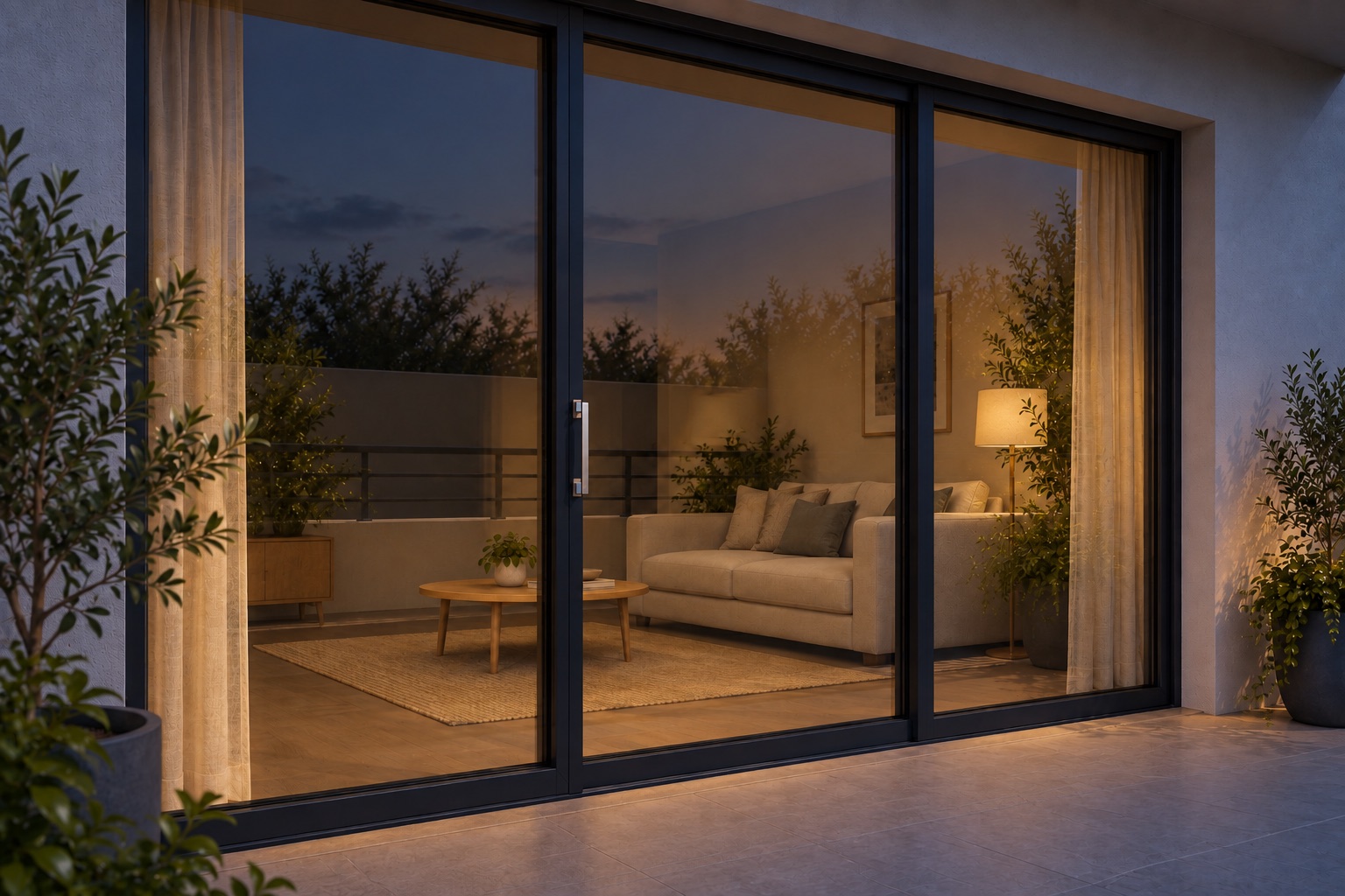 Facciata di una casa con vetrate trattate con pellicola solare, vista serale