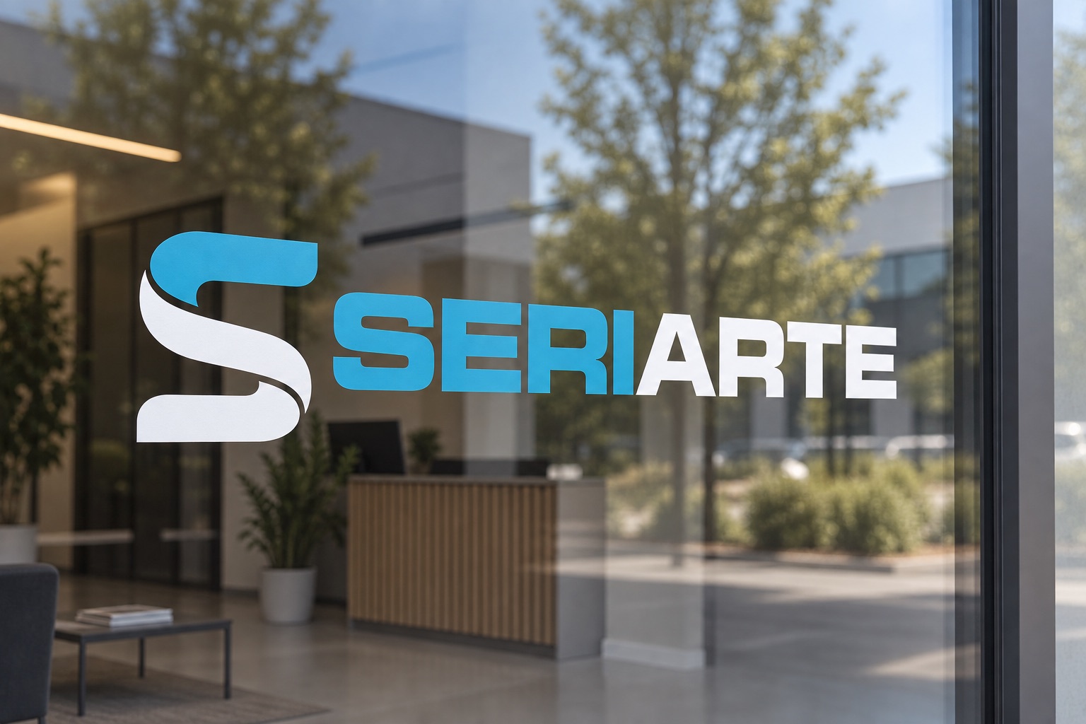 Dettaglio del logo Seriarte intagliato su vetro
