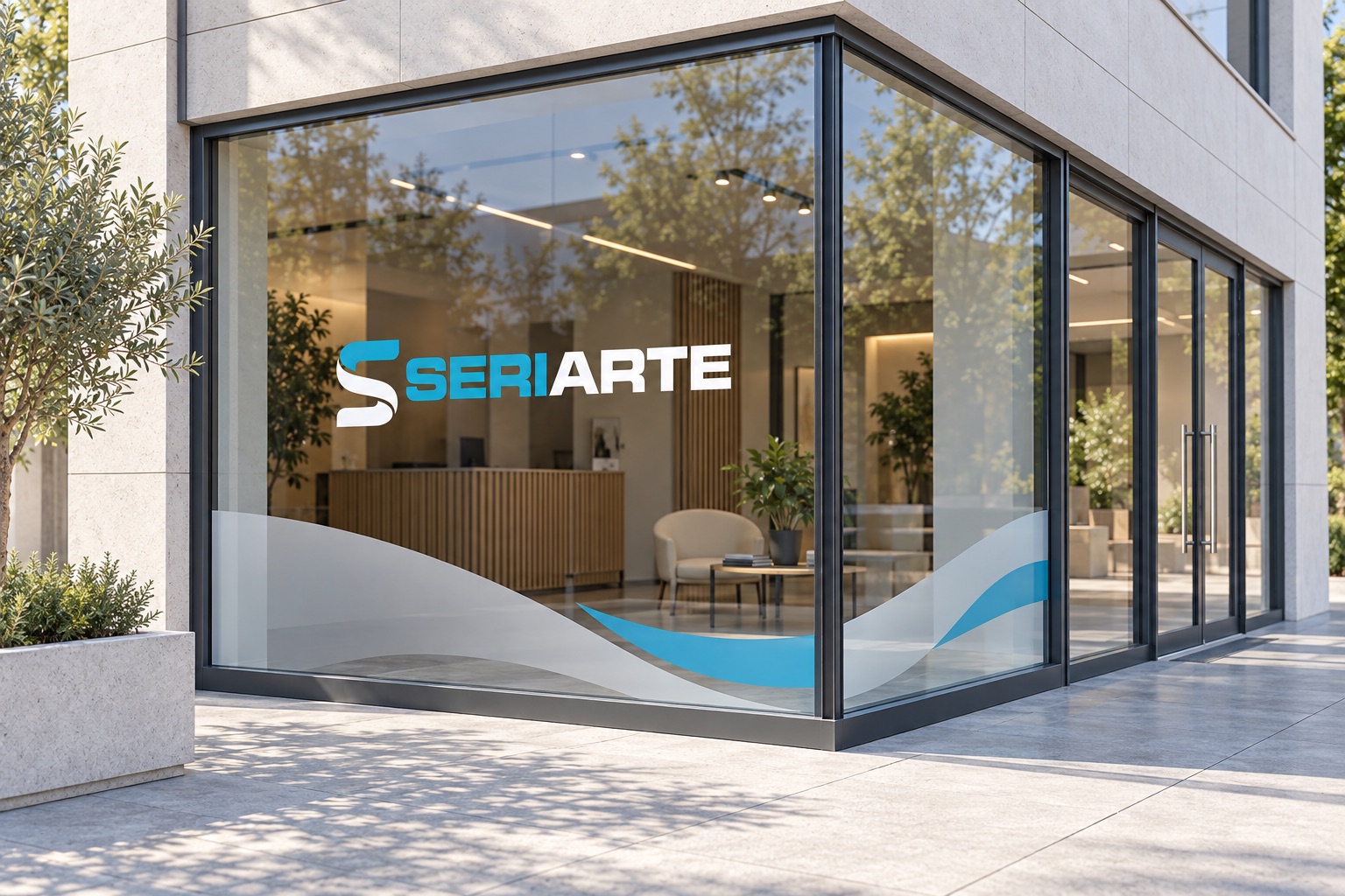 Vetrina d'angolo con grafica Seriarte