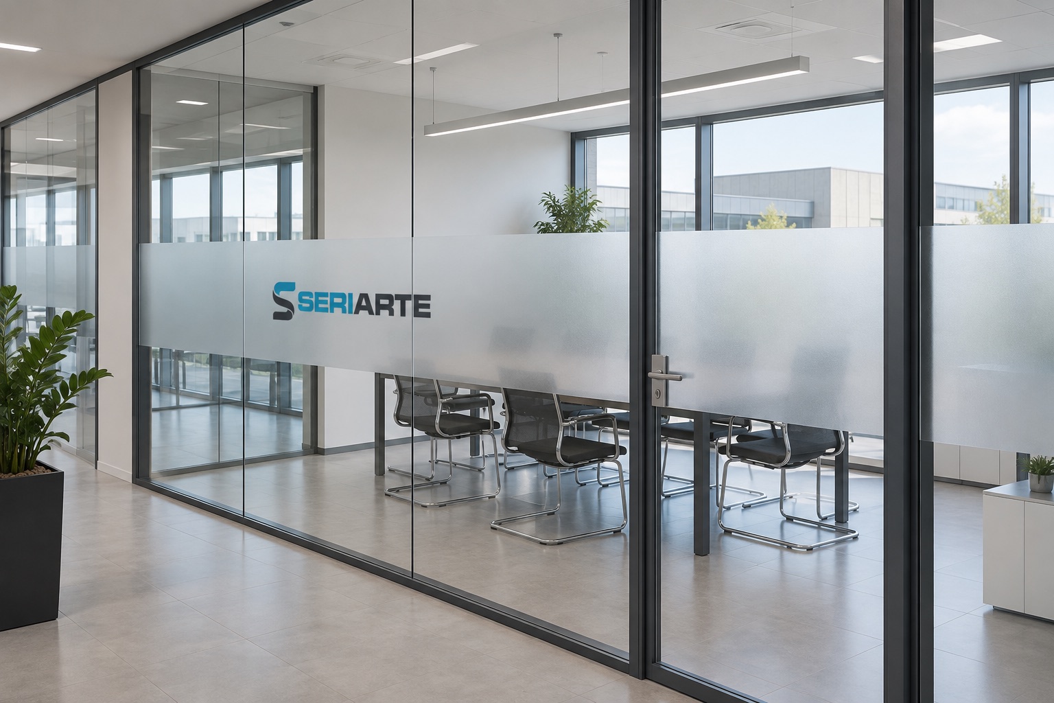 Pareti divisorie in vetro di un ufficio con fascia satinata e logo Seriarte